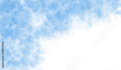 Artistic blue watercolor splash with delicate paint splatter on a clean white background, creating an elegant backdrop for wedding invitations and creative design.