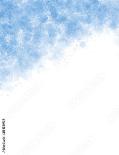Artistic blue watercolor splash with delicate paint splatter on a clean white background, creating a versatile backdrop for wedding invitations and stationery.