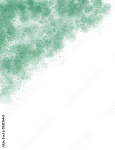 Artistic green watercolor splash with soft paint splatter on a clean white background, creating a versatile backdrop for wedding invitations and stationery design.