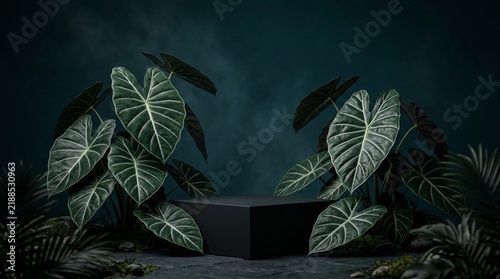 Dark tropical foliage surrounds abstract pedestal stage