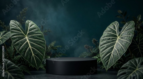 Display platform surrounded by lush green foliage and atmospheric mist
