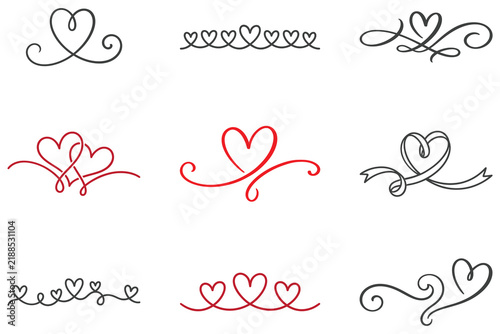 Set of hand drawn heart dividers and flourish elements for wedding invitations, greeting cards and romantic design
