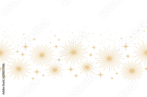 Seamless border pattern with gold starbursts and sparkles