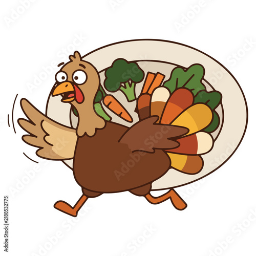фотографія Funny running thanksgiving turkey character escaping from dinner platter cartoon