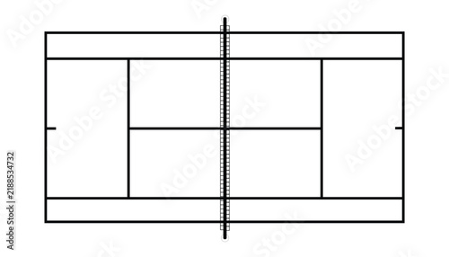 Clean tennis court diagram with net and lines on white background simple vector illustration