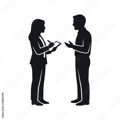 Two people in silhouette having a conversation or interview.