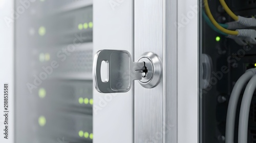 Close-up of key in electronic server room door lock with server racks in background