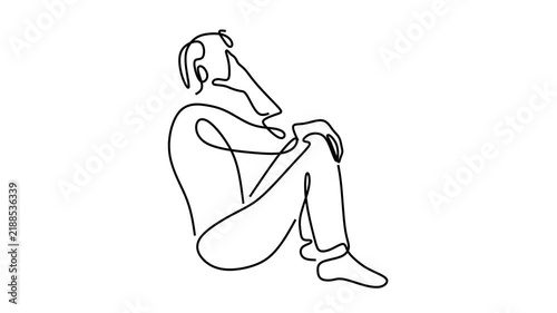Animated self drawing of continuous line draw of Man in Distress Contemplative Pose.  Full length one line animation. 4K