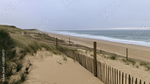 Coastal dunes with wooden fence and ocean view