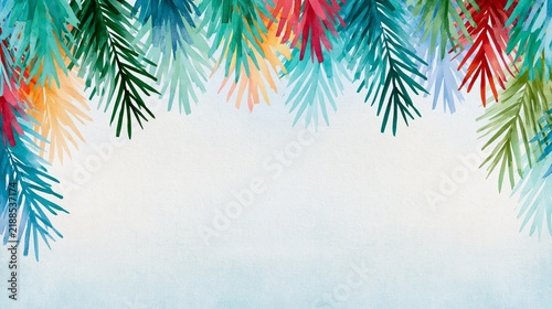 Colorful watercolor pine branches framing a clean white copy space for festive winter and Christmas designs