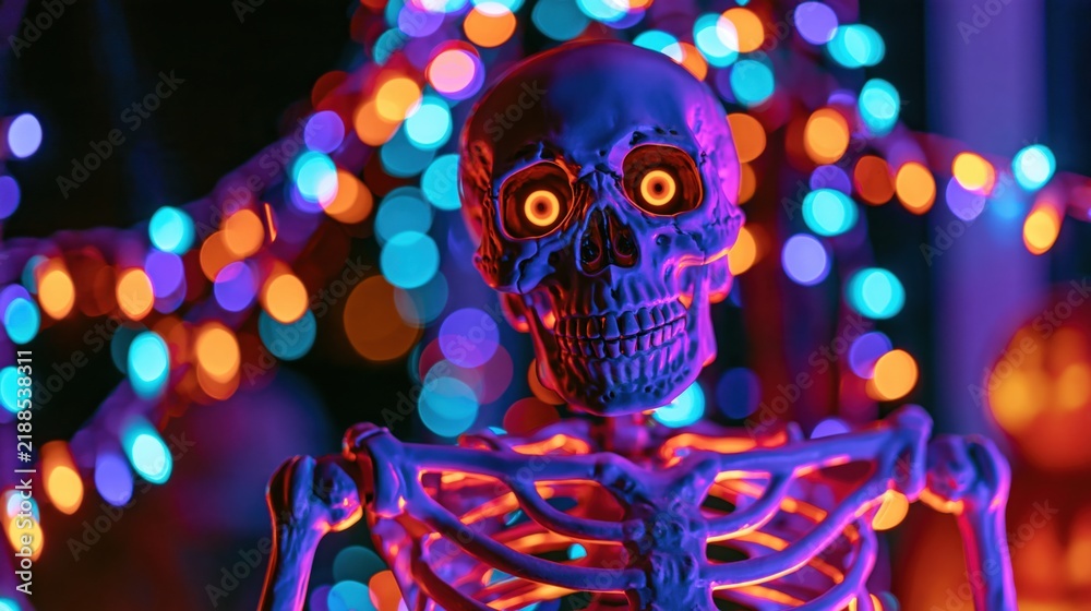 Obraz premium Glowing human skeleton decoration at a vibrant halloween party with bokeh lights
