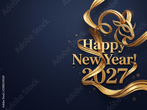 elegant golden ribbon forms goat silhouette and holiday text 2027 on deep dark blue background with sparks for stylish new year celebration