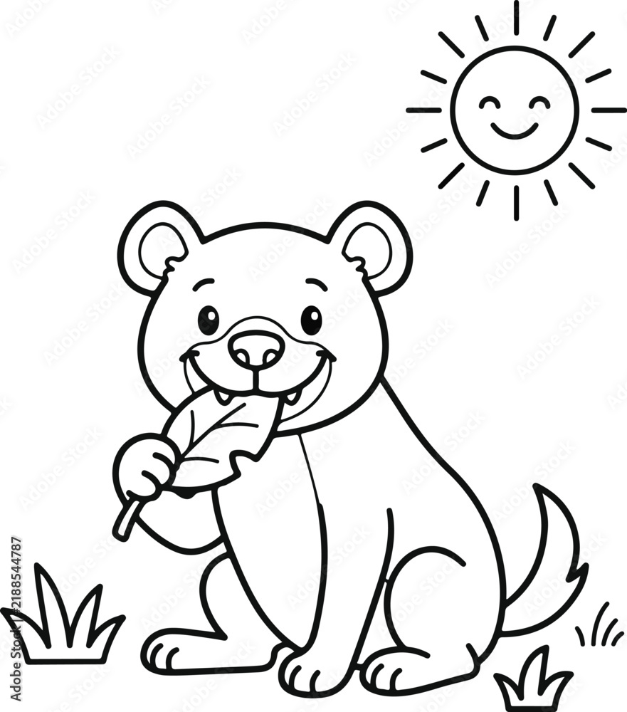 Obraz premium Cute cartoon bear cub eating a leaf in a sunny meadow