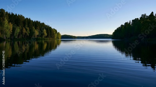 Calm lake surrounded by dense forest under clear blue sky with reflections on water surface
