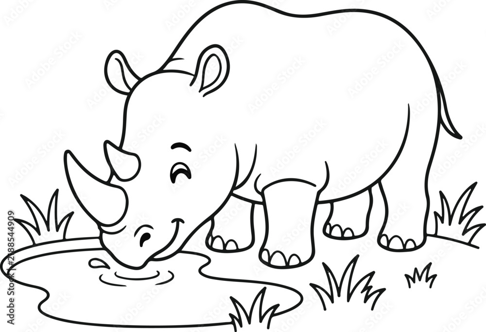 Obraz premium Cute cartoon rhinoceros drinking water from a pond, coloring page for kids