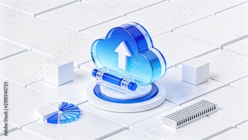 Obraz na płótnie Transparent blue cloud upload symbol with analytics charts and digital data elements on geometric platform, idea for cloud computing, online storage, backup and information transfer