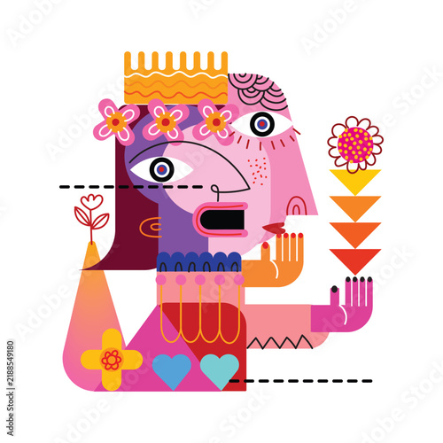 Abstract colorful geometric illustration of human faces, figures with expressive eyes, hands, and curved shapes. Combines vibrant colors elements in a playful contemporary composition design.