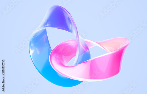 Abstract 3D Render of Intertwined Glass Ribbons in Blue and Pink Gradient Colors Floating on Light Background