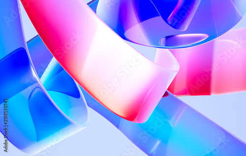 3D Render Abstract Glass Ribbons in Blue Pink Purple Gradient Translucent Curved Shapes Modern Digital Art Background