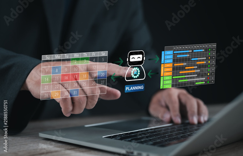 AI project planning concept with calendar, automated assistant and Gantt schedule on virtual screen, representing smart scheduling, workflow coordination, deadlines and project automation.