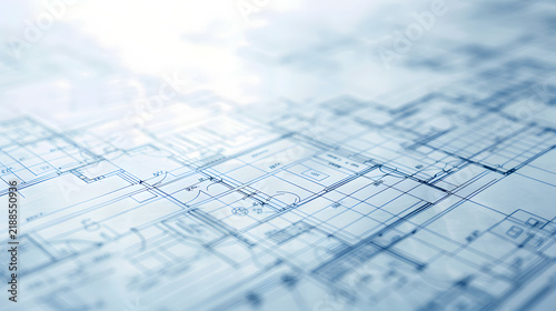 Blueprint-style background showing floor plans and measurements.