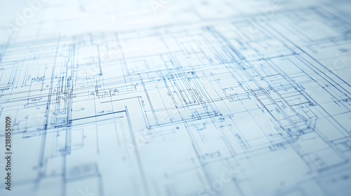 Blueprint-style background showing floor plans and measurements.
