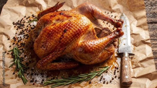 Hot Roasted Chicken with Herbs and Spices Ready to Carve
