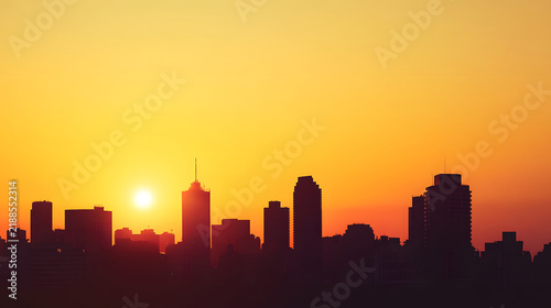Silhouetted buildings under a warm sunset sky.
