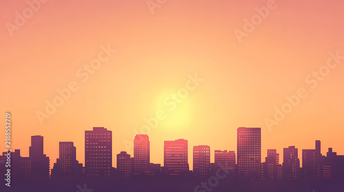 Silhouetted buildings under a warm sunset sky.
