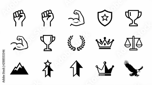 Foto Collection of black line icons representing strength fitness achievements awards