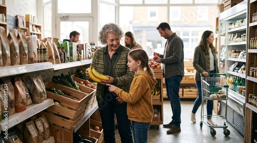 Grandmother and Granddaughter Naturally Choosing Products Together at Local Market, Multigenerational Family Shopping and Everyday Community Lifestyle
