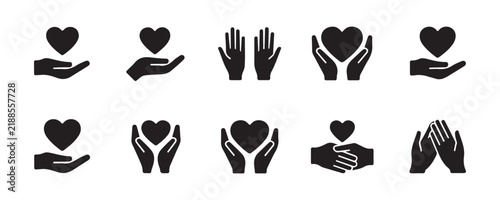 Black hands holding hearts icons pack for charity donation and healthcare support emblem set.