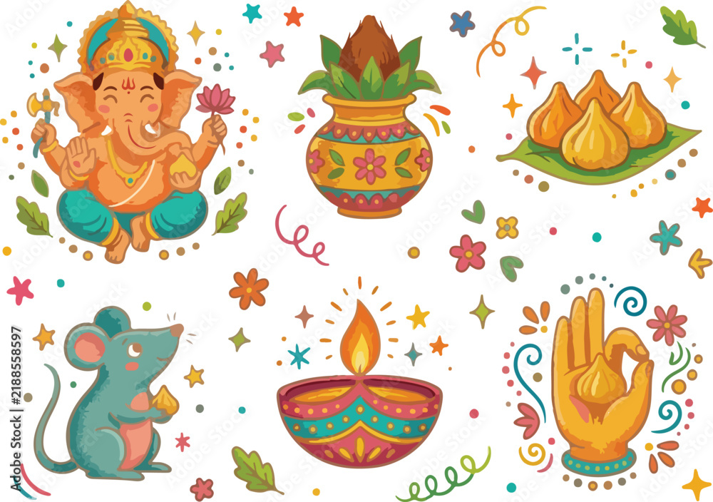 Fototapeta premium Cute Ganesha Chaturthi vector elements set with Lord Ganesha, modak, mouse, kalash, and diya lamp