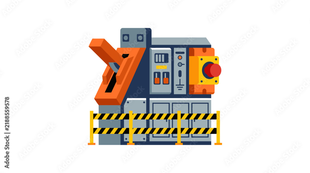 Fototapeta premium Sleek Industrial Machine with Orange Claw Arm and Control Panel on Gray Base Surrounded by Yellow and Black Barrier