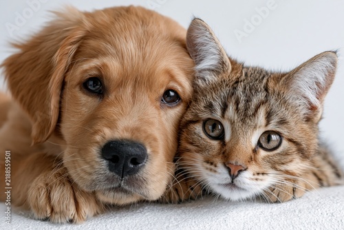 Golden retriever puppy and tabby kitten close up