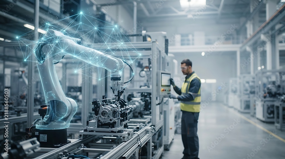 Fototapeta premium Industrial robotic arm with a digital network hologram in a factory