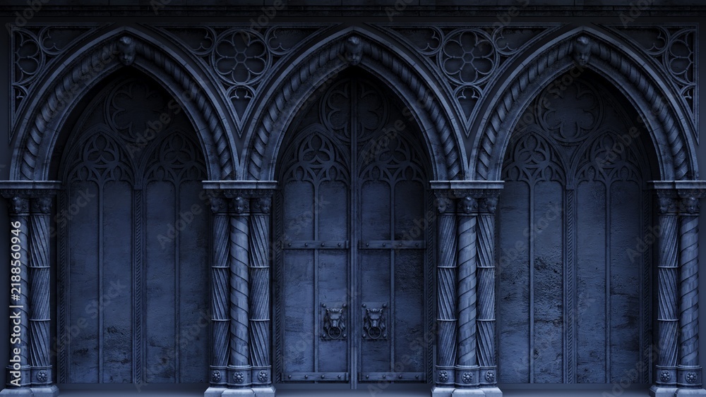 Fototapeta premium Abandoned night castle with a large gothic window or crypt