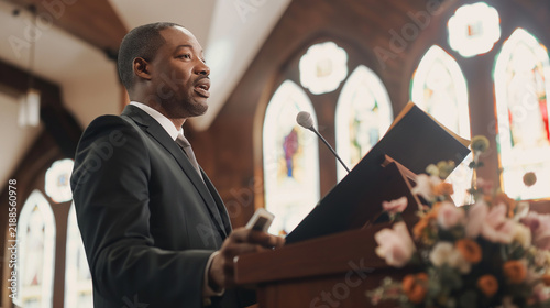 African american preacher delivering sermon during Easter service in church. Religious man speaking at podium