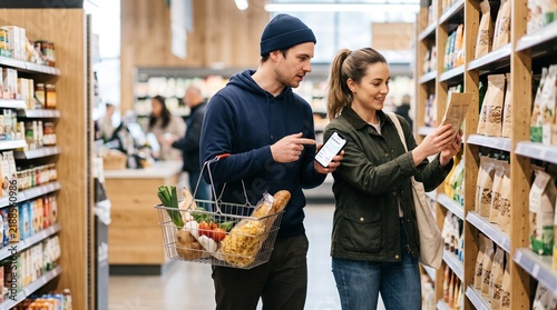 Young Couple Naturally Comparing Product Prices on Smartphone While Shopping in Modern Store, Smart Shopping and Digital Budgeting
