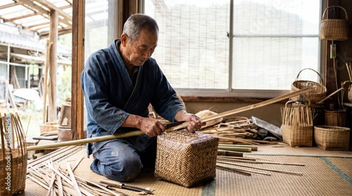 Man weaving traditional bamboo basket in Japanese workshop for craftsmanship