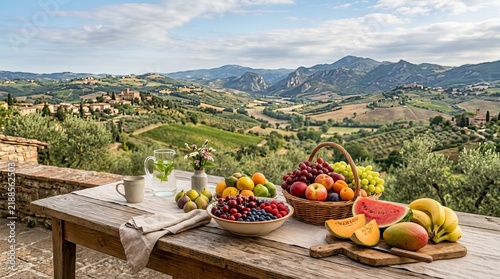 Sunlit Harvest Table with Fresh Fruits and Scenic Vineyard View.