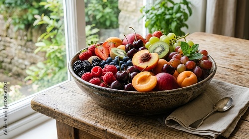 Fresh seasonal fruit bowl on rustic wooden table by window.