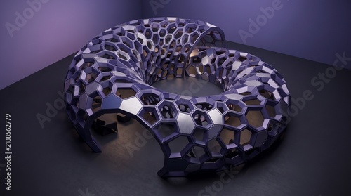 Futuristic abstract architecture with a honeycomb structure and parametric design on a dark background