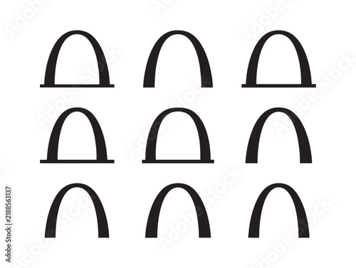 Set of minimalist black St Louis Gateway Arch line art icons in three stylized perspectives for design projects