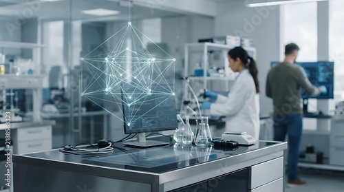 Scientist working in a laboratory with a glowing digital geometric network node