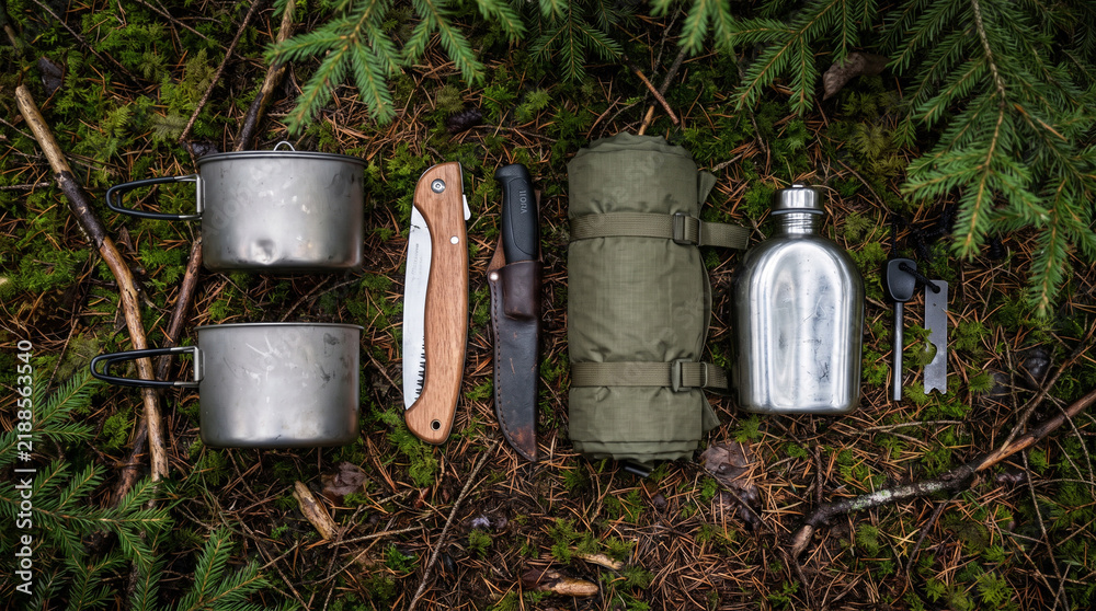 Obraz premium Équipement de bushcraft et de survie aligné à plat sur un sol forestier en sous-bois