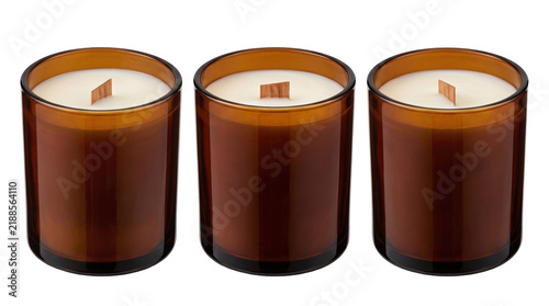 Amber glass candle jars in 3 different angles, mockup isolated on transparent background