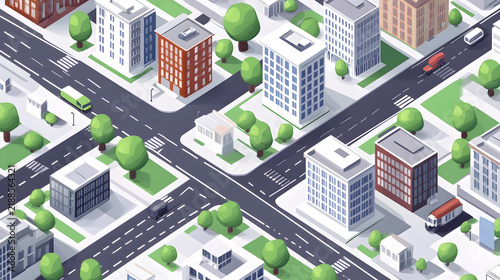Clean isometric view of a city block in flat vector style.