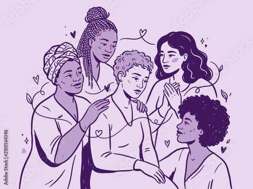 Empathetic illustration of diverse women supporting and comforting a friend in a monochrome purple theme