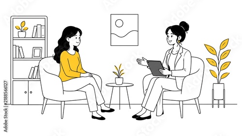 Simple stick-figure illustration depicts professional latina therapist holding modern digital tablet during conversation with woman patient, accessing electronic health record system, explain treatmen